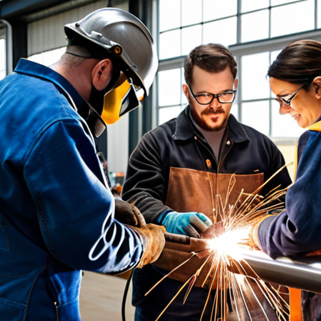 **

A diverse group of welders collaborating on a complex metal structure in a modern workshop. Some are actively welding, others are discussing blueprints. Include welding equipment, safety gear, and a sense of teamwork and professional connection. The lighting should be bright and showcase the sparks and heat of the welding process. Focus on the social aspect of networking and collaboration.

**