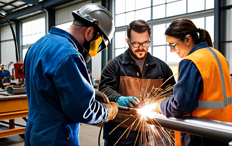 **
A diverse group of welders collaborating on a complex metal structure in a modern workshop. Some are actively welding, others are discussing blueprints. Include welding equipment, safety gear, and a sense of teamwork and professional connection. The lighting should be bright and showcase the sparks and heat of the welding process. Focus on the social aspect of networking and collaboration.
**