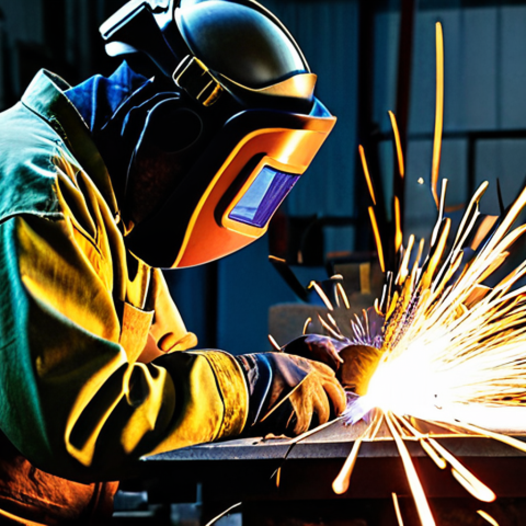 PPE in Action**
A welder fully clothed in appropriate professional attire, including a flame-resistant suit, specialized welding goggles, and durable leather gloves, working on a metal project in a well-lit workshop. Safe for work, professional setting. Perfect anatomy, correct proportions, natural pose. The background includes various welding tools and equipment. Focus on safety and professional work practices. Modest clothing. High quality image.
**