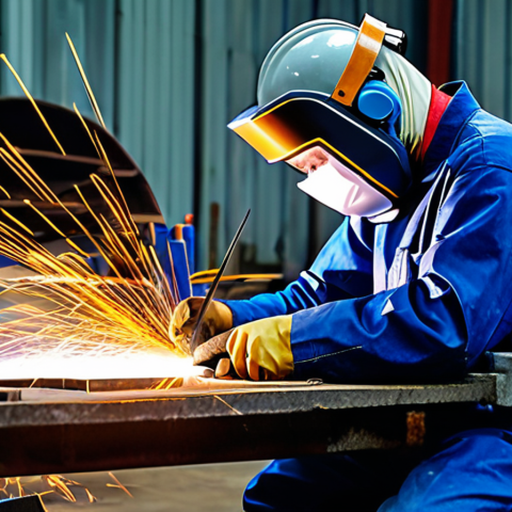 "A Vietnamese welder in their workshop, wearing appropriate PPE (personal protective equipment) including a welding helmet and gloves, fully clothed, working on a metal structure. The background shows various tools and equipment typical of a welding shop. Safe for work, appropriate content, professional, well-lit, high detail, perfect anatomy, natural proportions."