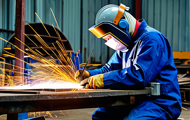 "A Vietnamese welder in their workshop, wearing appropriate PPE (personal protective equipment) including a welding helmet and gloves, fully clothed, working on a metal structure. The background shows various tools and equipment typical of a welding shop. Safe for work, appropriate content, professional, well-lit, high detail, perfect anatomy, natural proportions."