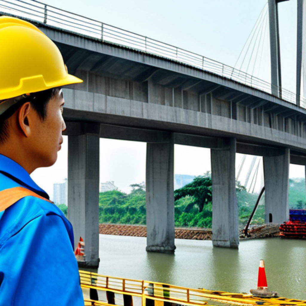 **Image Prompt 1:** A Vietnamese engineer in a fully clothed, professional work uniform and hard hat, inspecting a modern bridge construction site in Hanoi, appropriate content, safe for work, perfect anatomy, natural pose, daytime, professional photography, high quality.