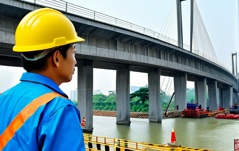**Image Prompt 1:** A Vietnamese engineer in a fully clothed, professional work uniform and hard hat, inspecting a modern bridge construction site in Hanoi, appropriate content, safe for work, perfect anatomy, natural pose, daytime, professional photography, high quality.