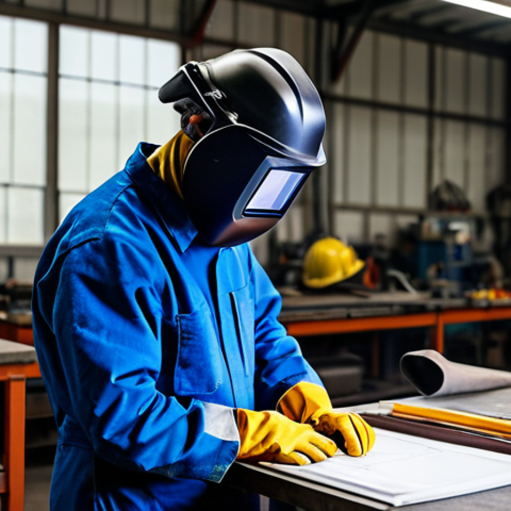 용접사의 커뮤니케이션 스킬 - **
"A skilled welder in a fully equipped workshop, carefully examining a blueprint before starting ...