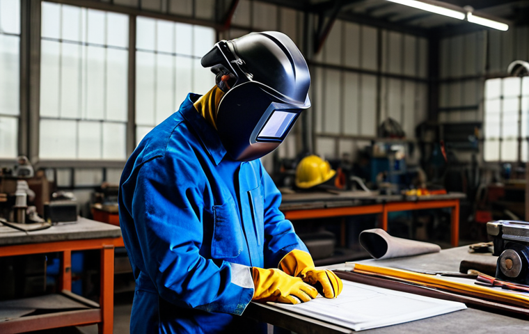 용접사의 커뮤니케이션 스킬 - **
"A skilled welder in a fully equipped workshop, carefully examining a blueprint before starting ...