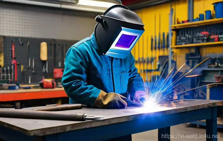 용접 경력 쌓는 방법 - **A Young Welder's First Steps**
A vibrant, eye-level shot of a young, determined welder, approx...