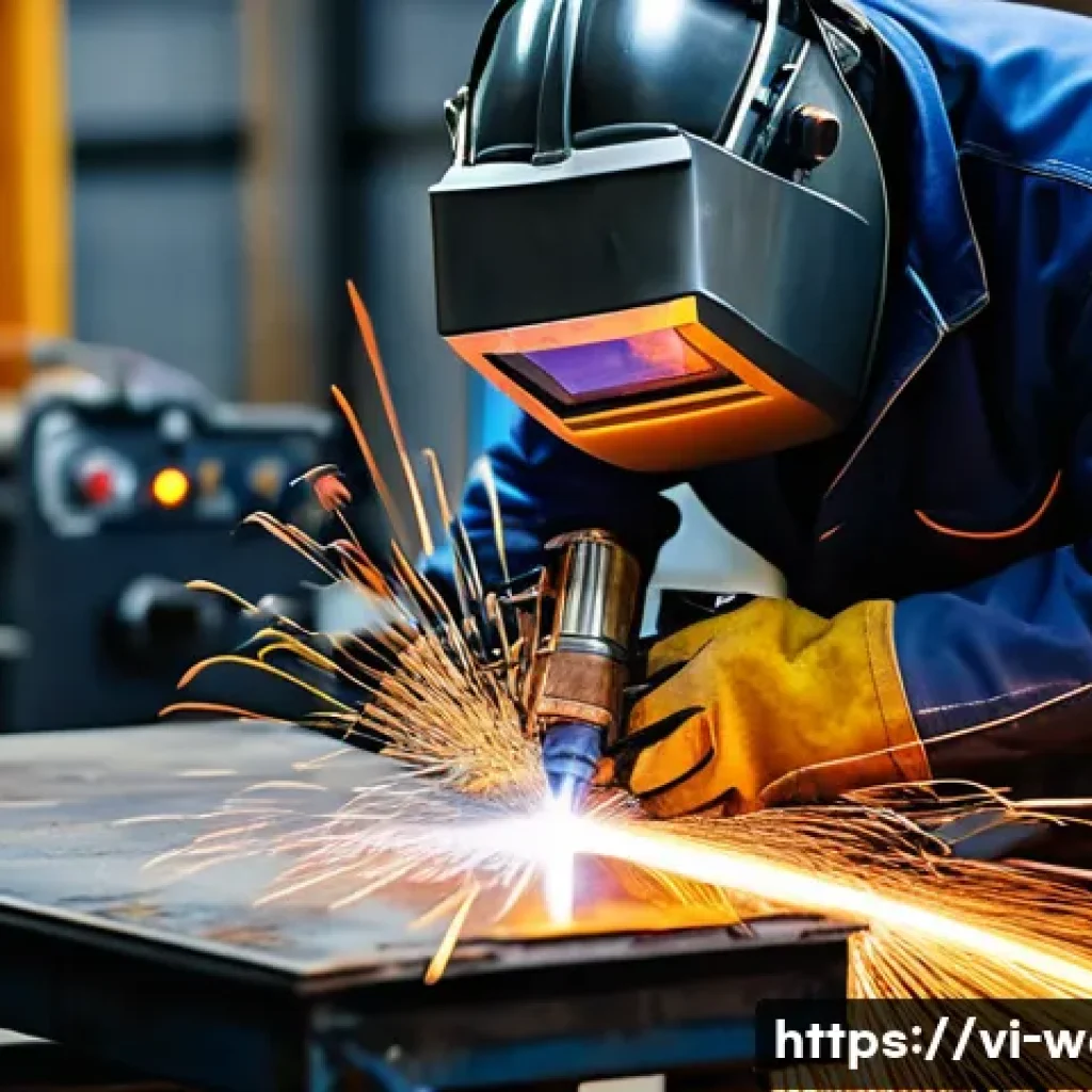 용접 기계 조작법 강의 후기 - A skilled welder wearing full protective gear including a welding helmet, heat-resistant gloves, and...
