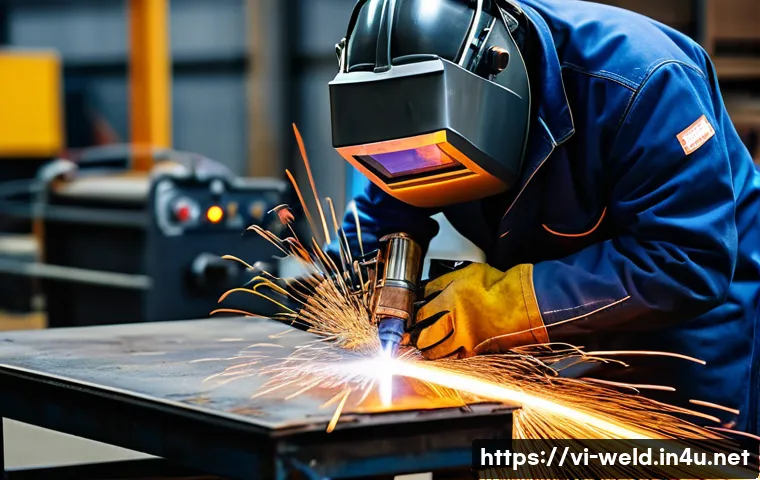 용접 기계 조작법 강의 후기 - A skilled welder wearing full protective gear including a welding helmet, heat-resistant gloves, and...