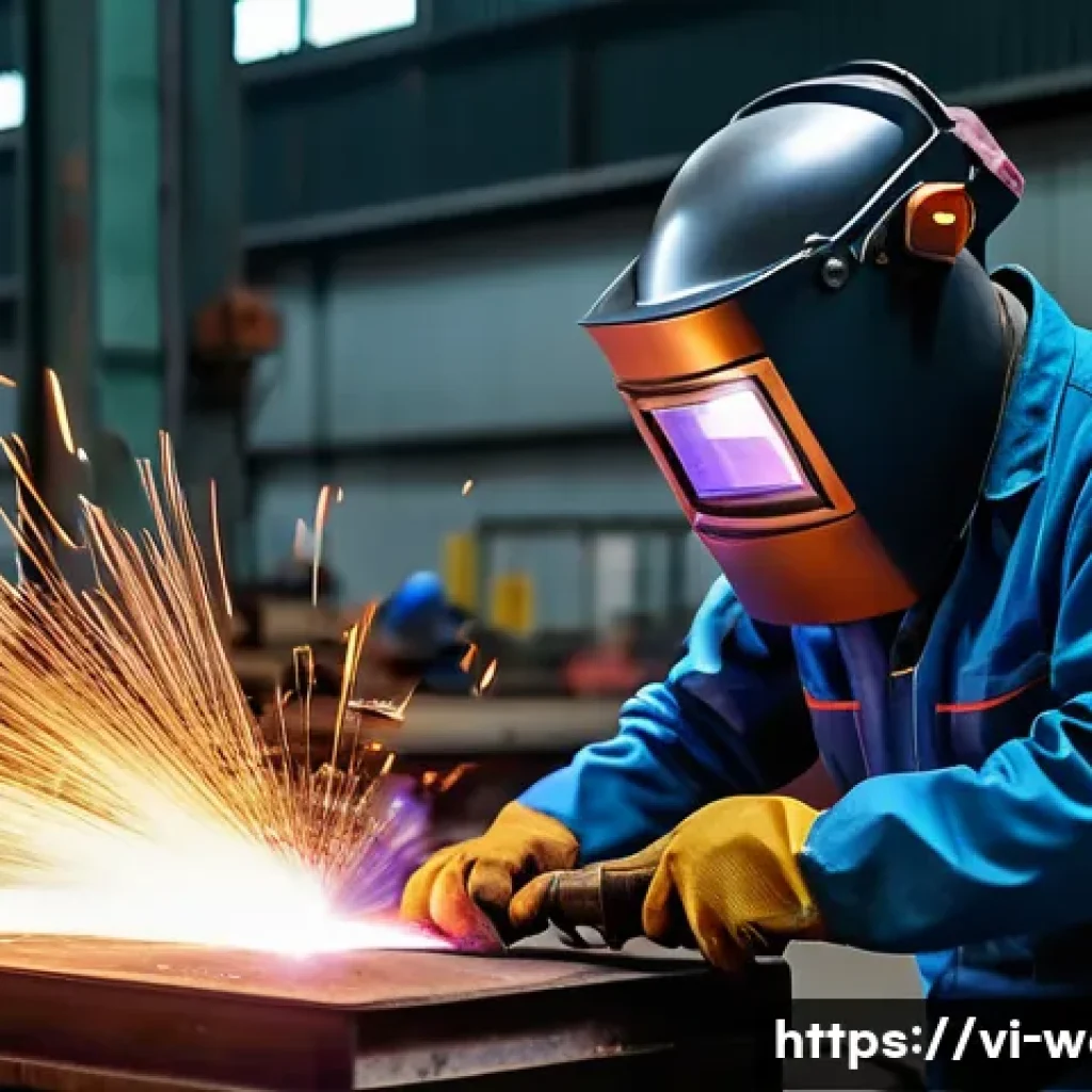 용접사와 산업 안전 규정 - A professional welder working in a Vietnamese industrial workshop, wearing full personal protective ...
