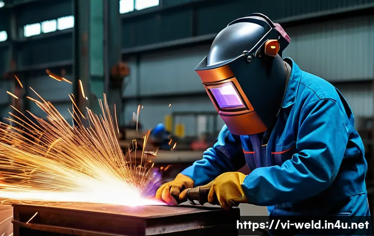 용접사와 산업 안전 규정 - A professional welder working in a Vietnamese industrial workshop, wearing full personal protective ...