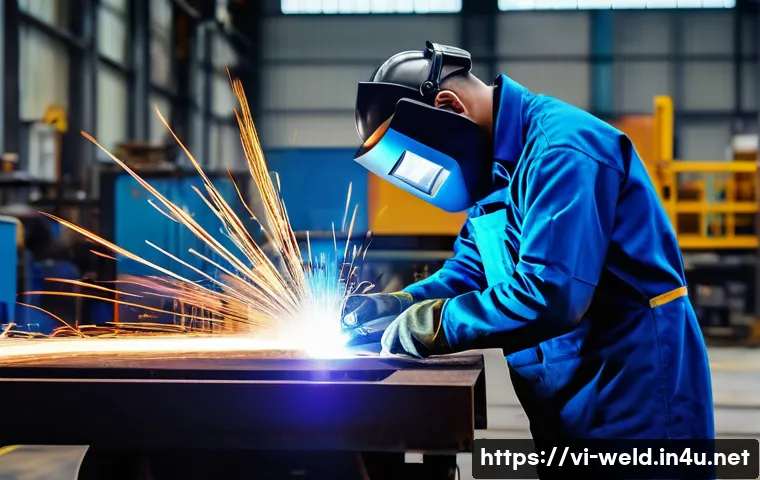 용접사로서의 자기계발 - A skilled welder in a modern Vietnamese industrial workshop, wearing full protective gear including ...