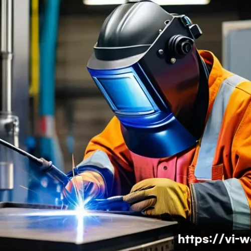 Home 32 용접 직무 교육 과정 - A skilled welder wearing full protective gear including a welding helmet with UV protection, heat-re...
