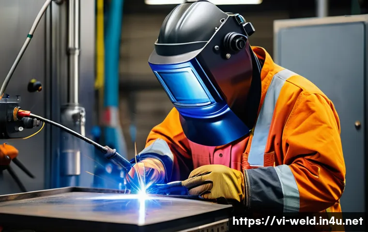 용접 직무 교육 과정 - A skilled welder wearing full protective gear including a welding helmet with UV protection, heat-re...