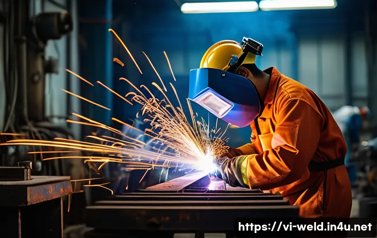 용접 사고 사례 및 예방 - A Vietnamese welder wearing full protective gear including flame-resistant clothing, heavy-duty glov...