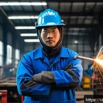 Home 18 용접사 연봉 협상 시 주의사항 - A confident Vietnamese welder in protective gear, including welding helmet and gloves, standing in a...