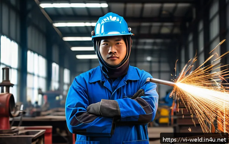 용접사 연봉 협상 시 주의사항 - A confident Vietnamese welder in protective gear, including welding helmet and gloves, standing in a...