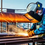 Home 23 용접사 직업 선택 이유 - A skilled Vietnamese welder wearing protective gear including a welding helmet, gloves, and a flame-...
