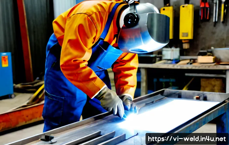 용접 도면 해석 능력 키우기 - Photorealistic Vietnamese welding trainee in a clean technical workshop, wearing full protective wel...