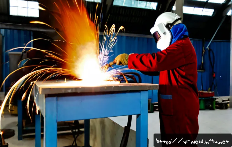Home 17 용접 교육 기관 추천 - Photorealistic vocational welding training center in Vietnam, a focused adult Vietnamese student wea...
